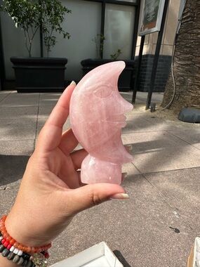 Rose Quartz Crescent Moon Face Sculpture